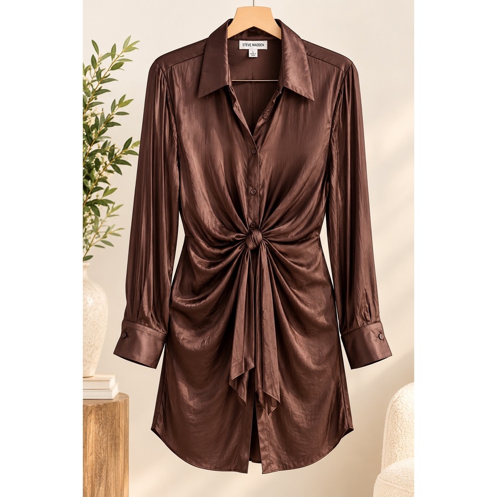 Steve Madden Tie Curious Satin Shirt Dress L Chocolate Brown Tie Front Mini